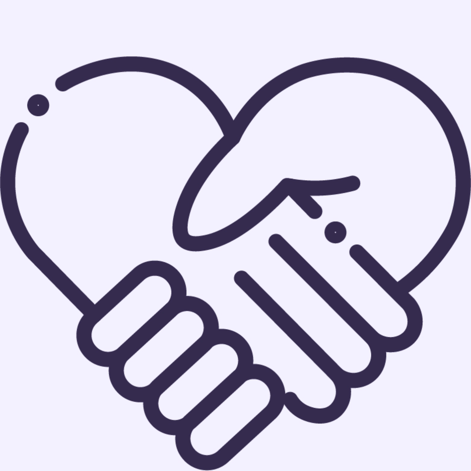 Minimalist line art icon showing two hands clasped together forming the shape of a heart.