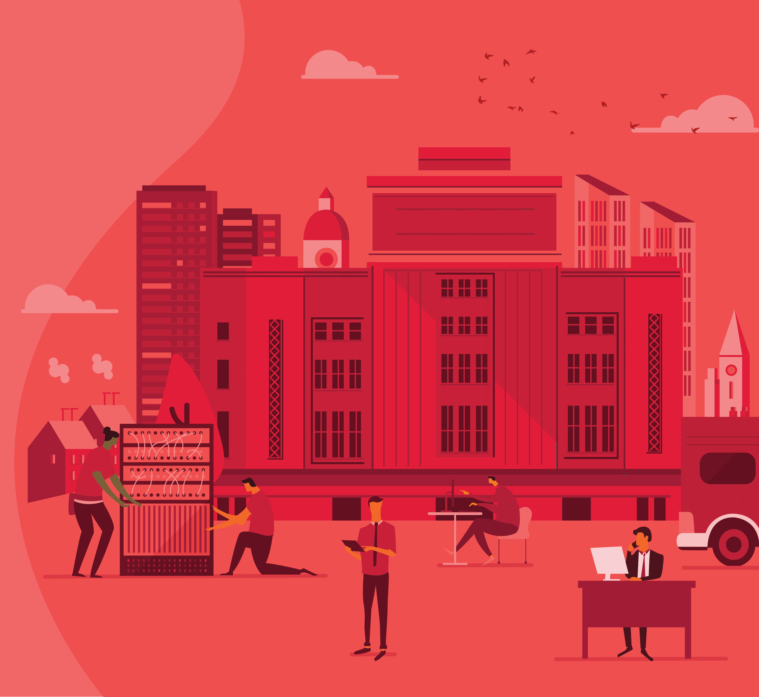 A flat illustration of people managing server equipment and technology in front of a city skyline.