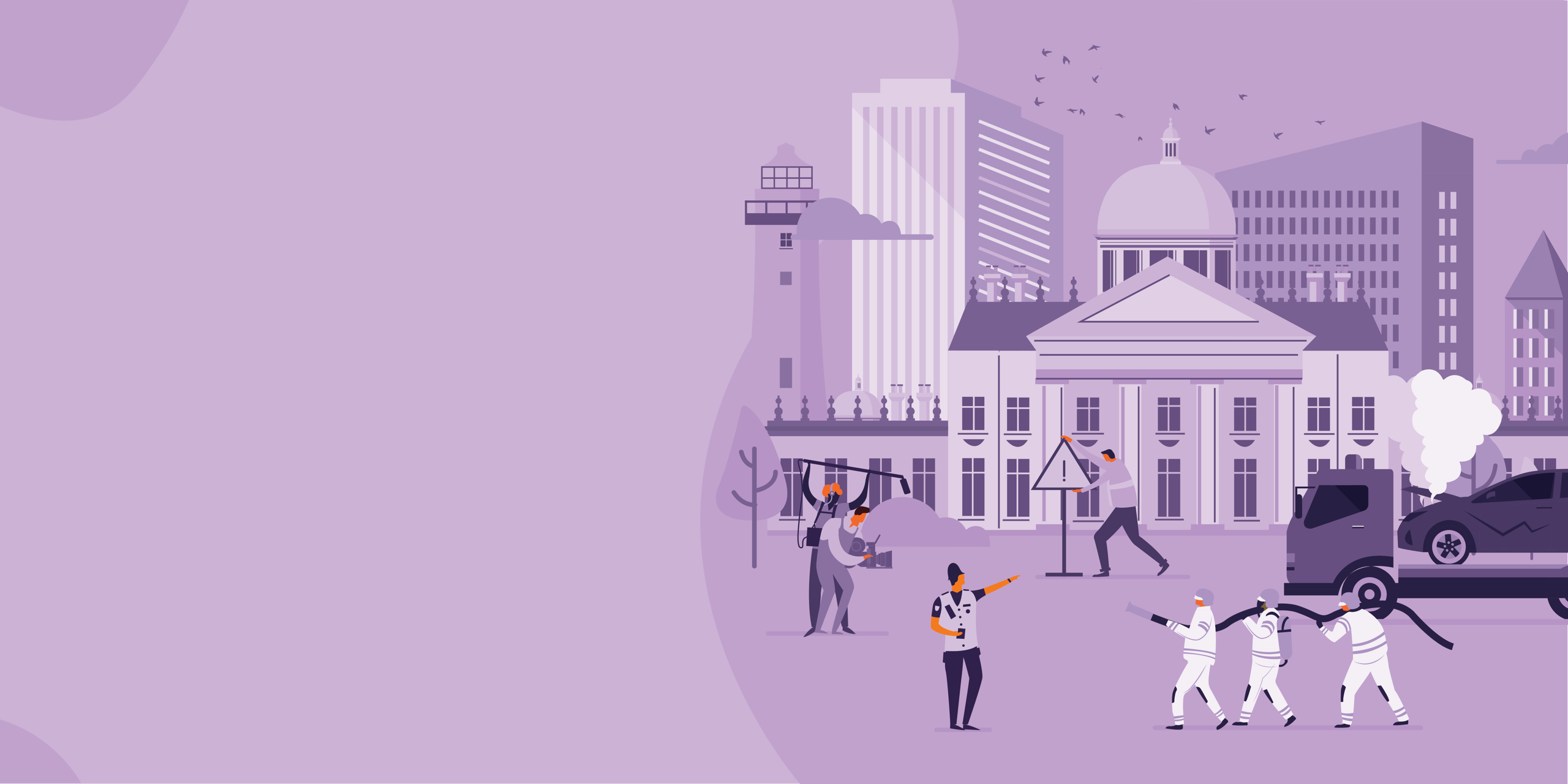 Monochromatic purple vector illustration of emergency responders managing a car accident scene in front of a city skyline.