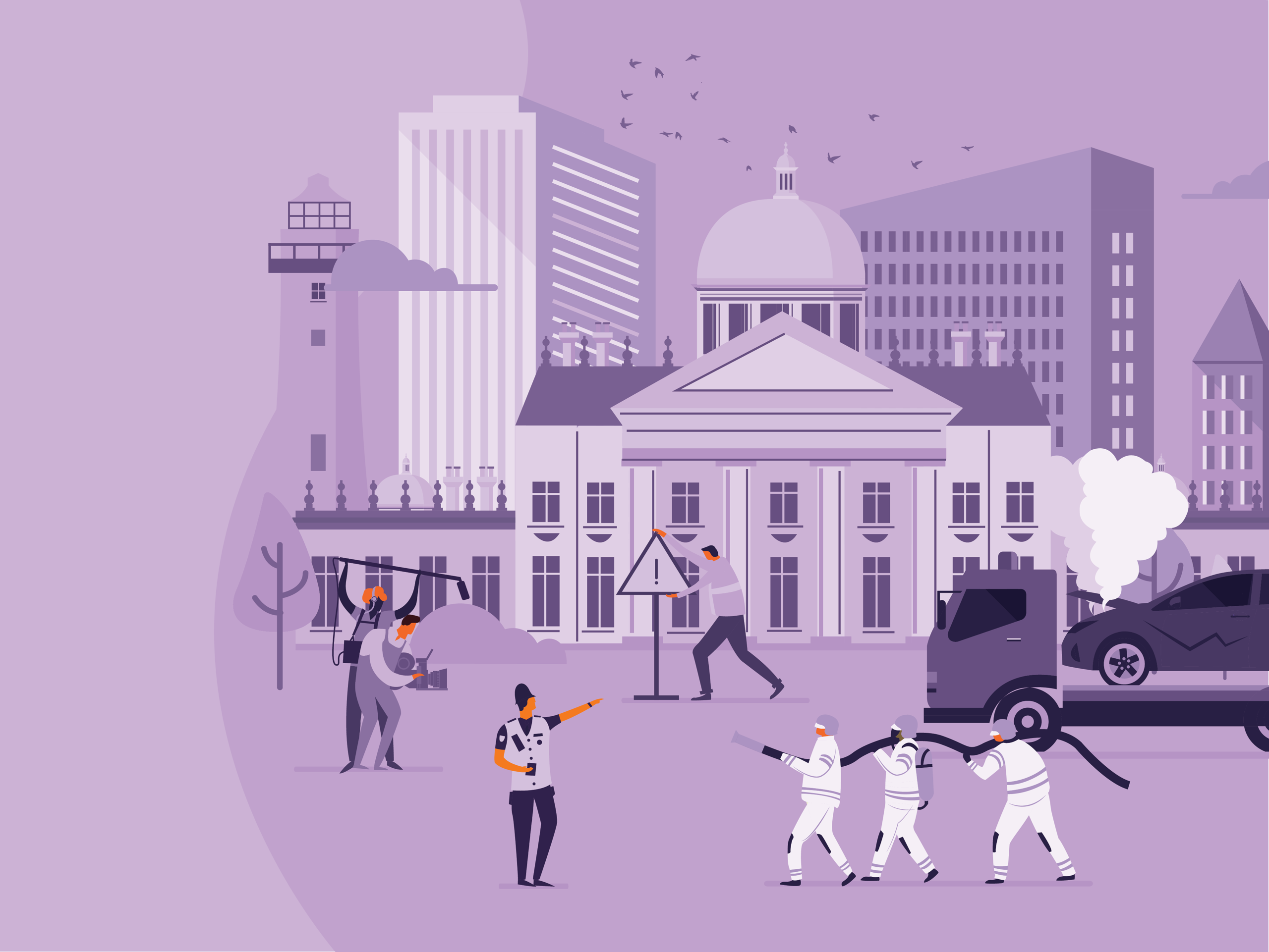 Monochromatic purple vector illustration of emergency responders managing a car accident scene in front of a city skyline.