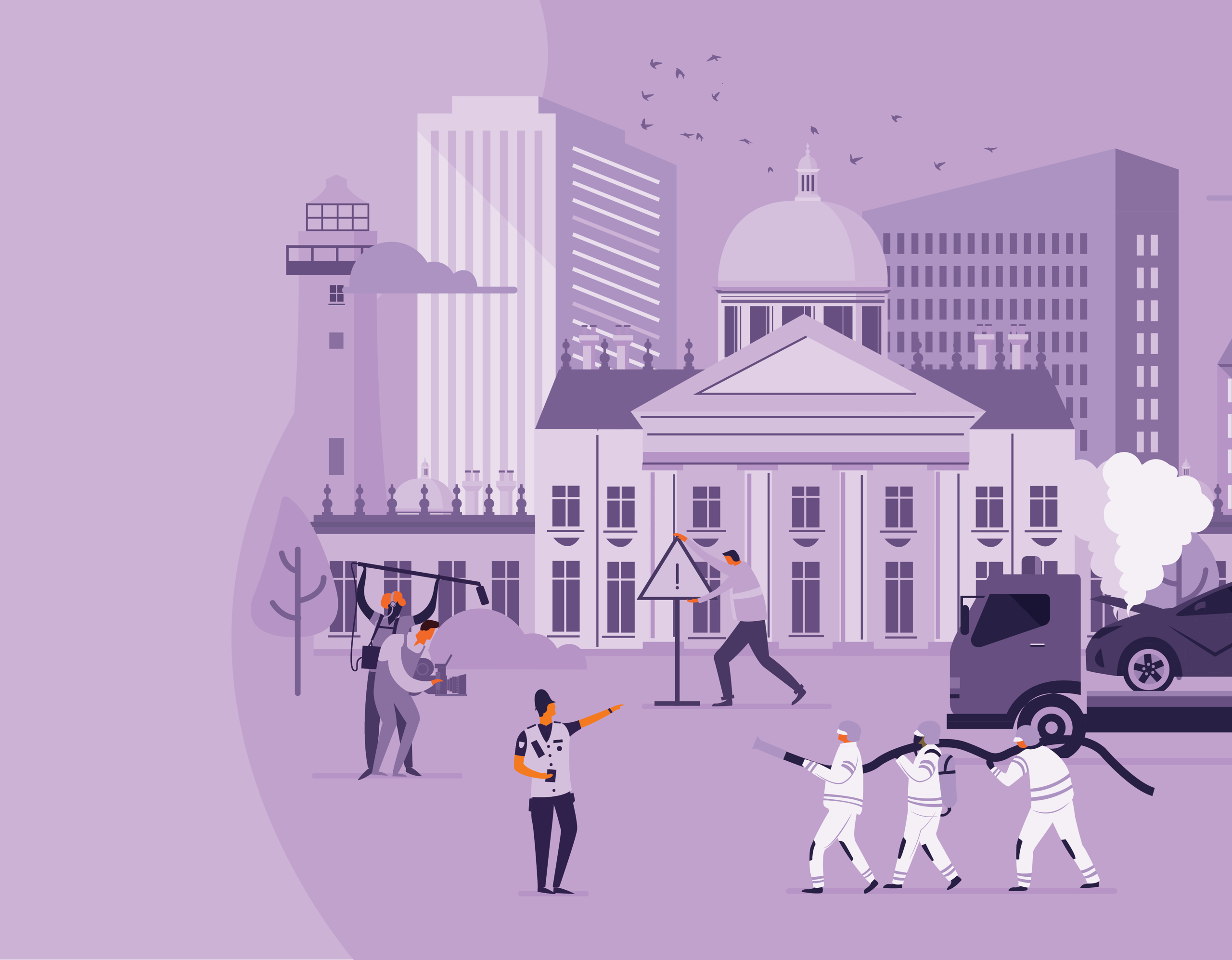 Monochromatic purple vector illustration of emergency responders managing a car accident scene in front of a city skyline.