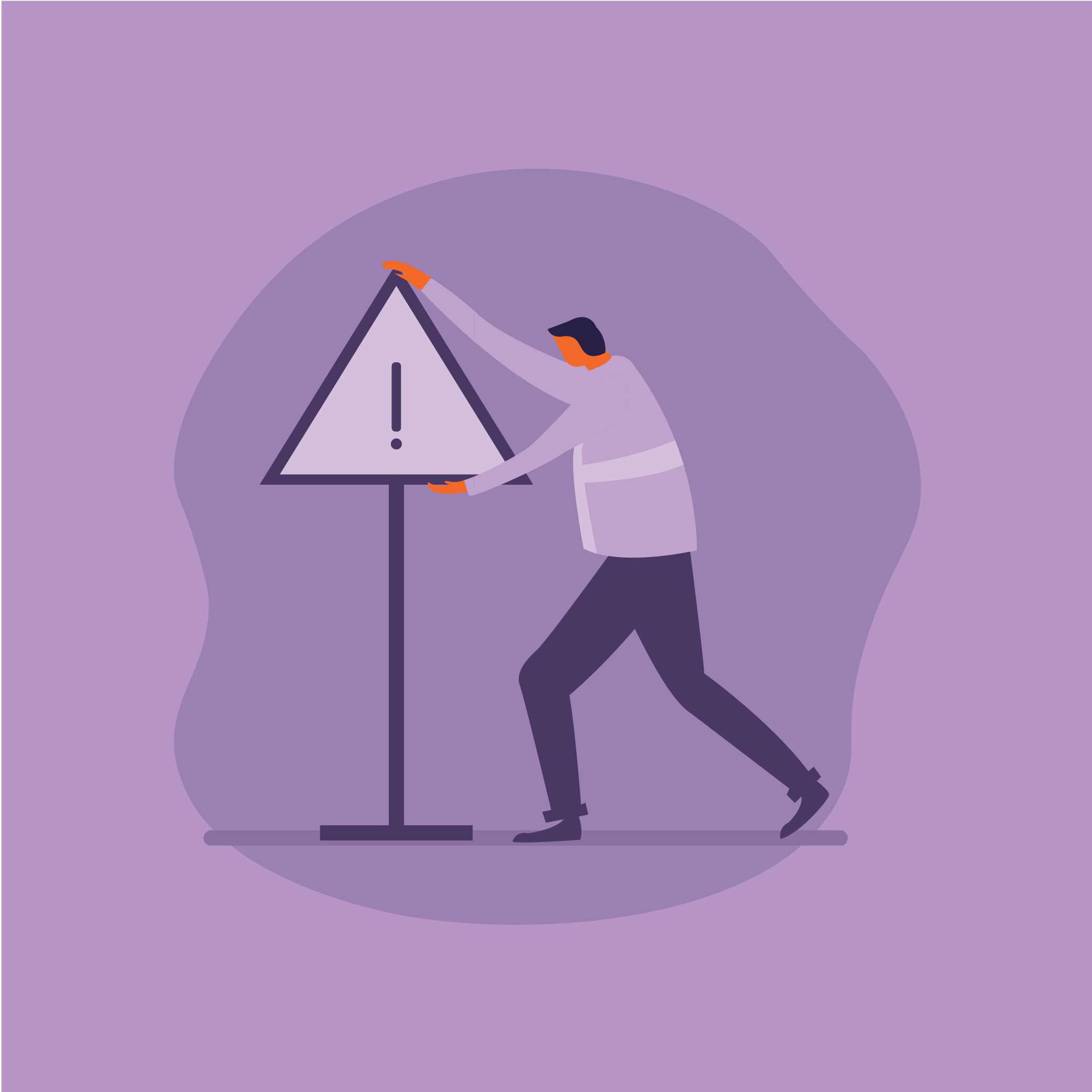 A person in flat vector style holding a triangular warning sign with an exclamation mark.
