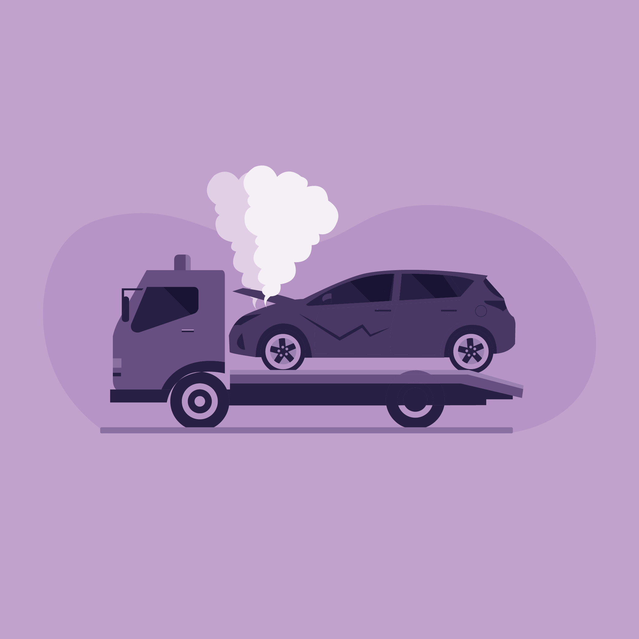 A flatbed tow truck transporting a damaged car with smoke rising from its open hood.