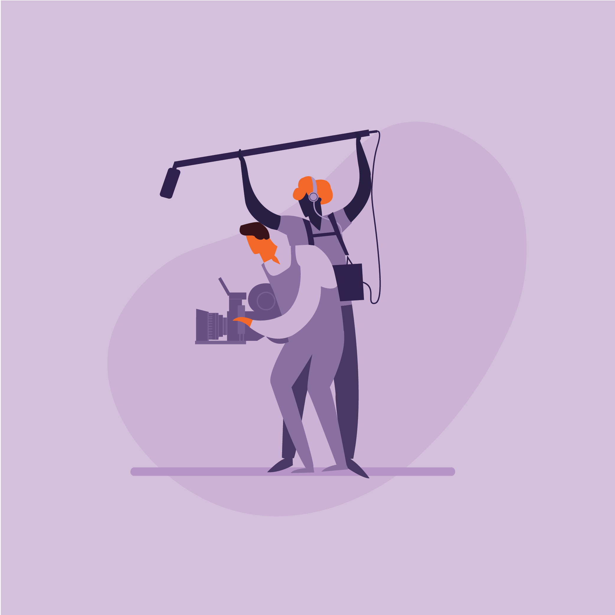 A minimalist purple illustration of a cametaman and a sound boom operator working on a set.