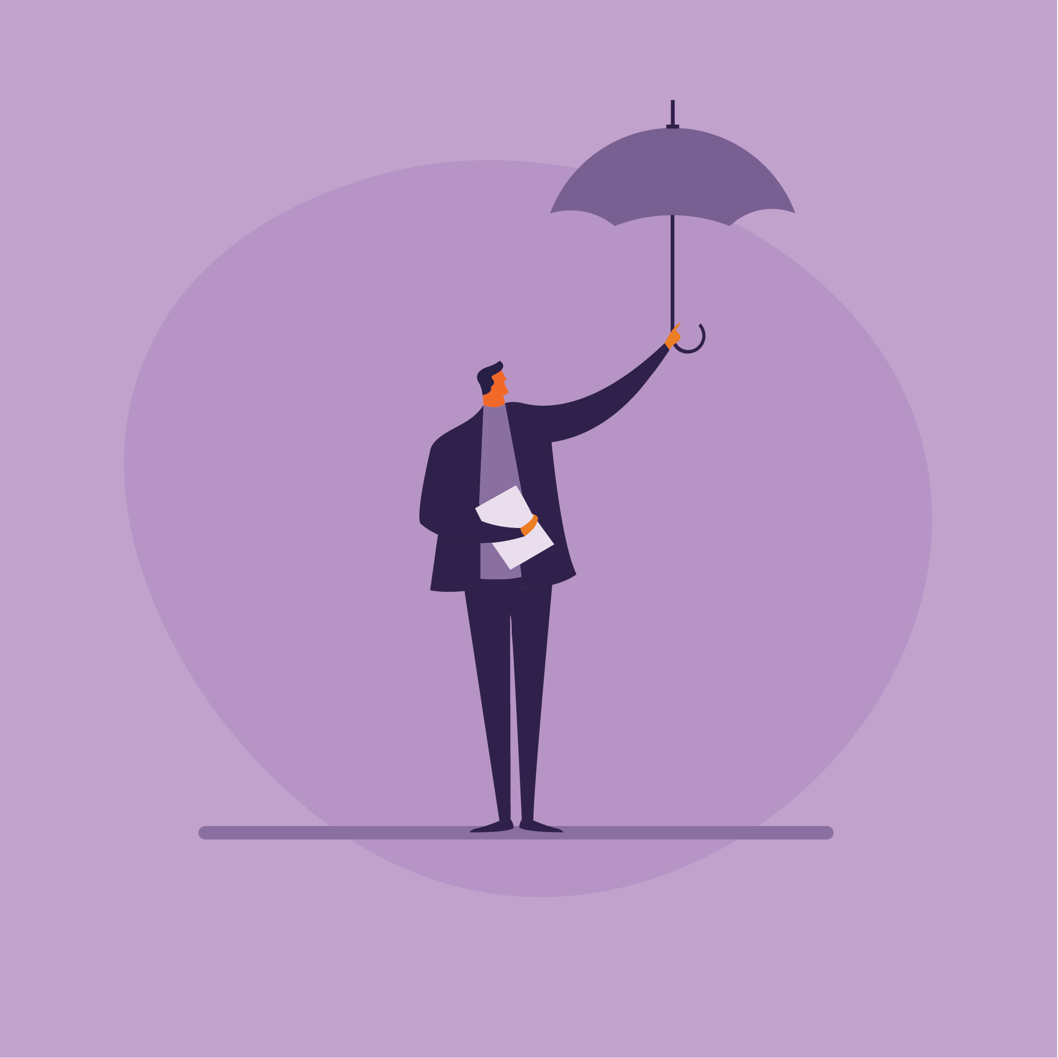 A person in a suit holding an umbrella and papers, representing public protection and trading standards.