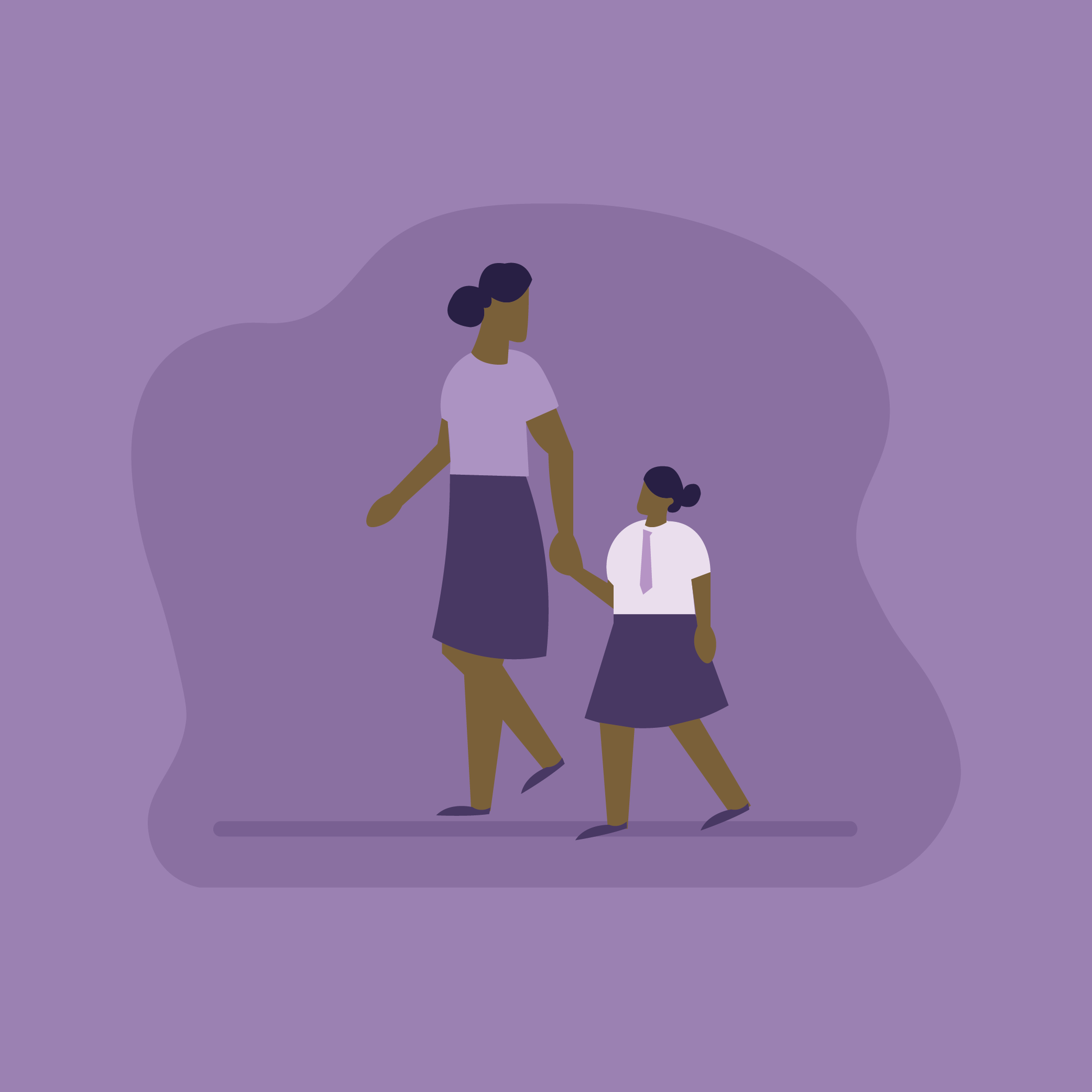 An adult and child holding hands and walking together against a purple background.