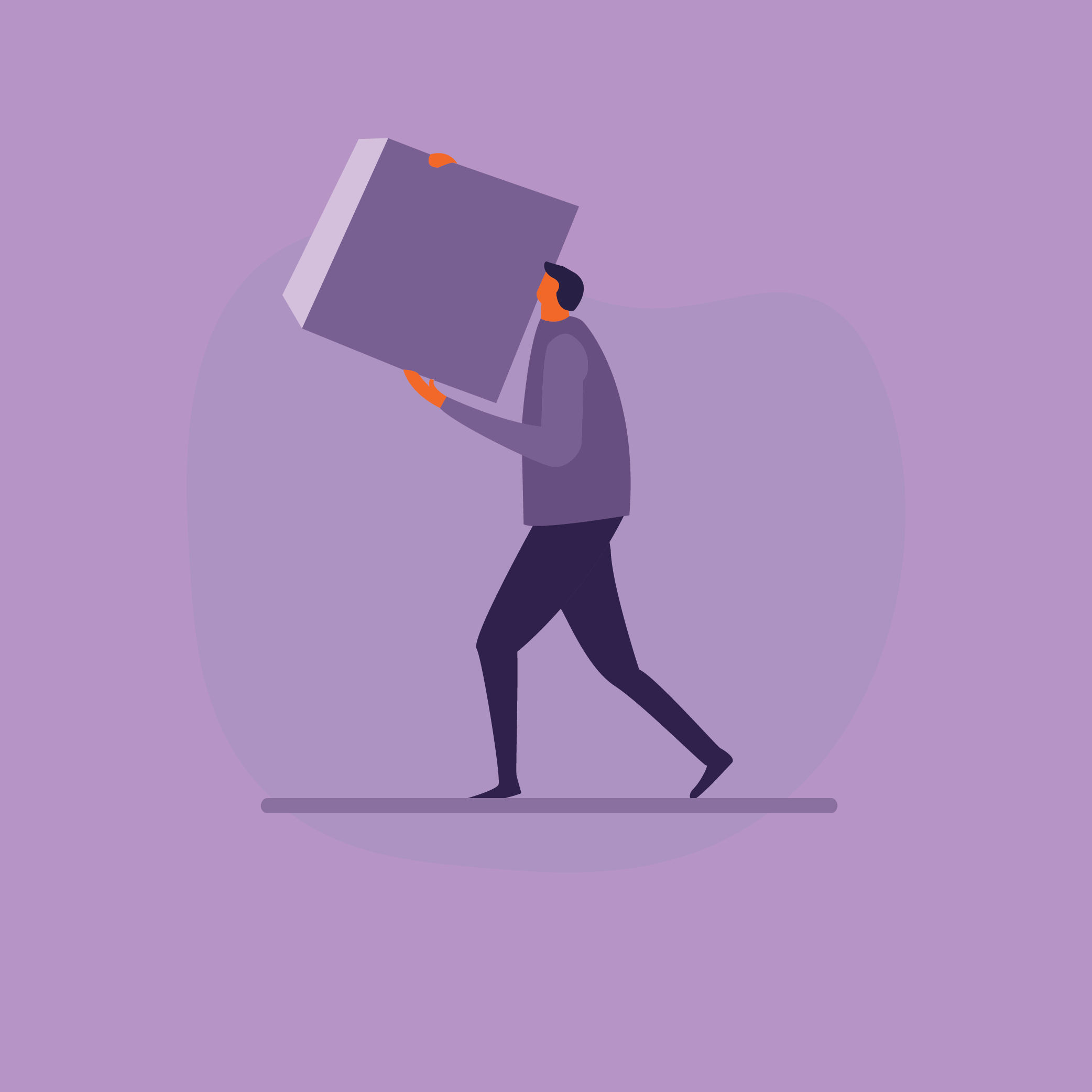 A flat illustration of a person walking and carrying a large box on a purple background.
