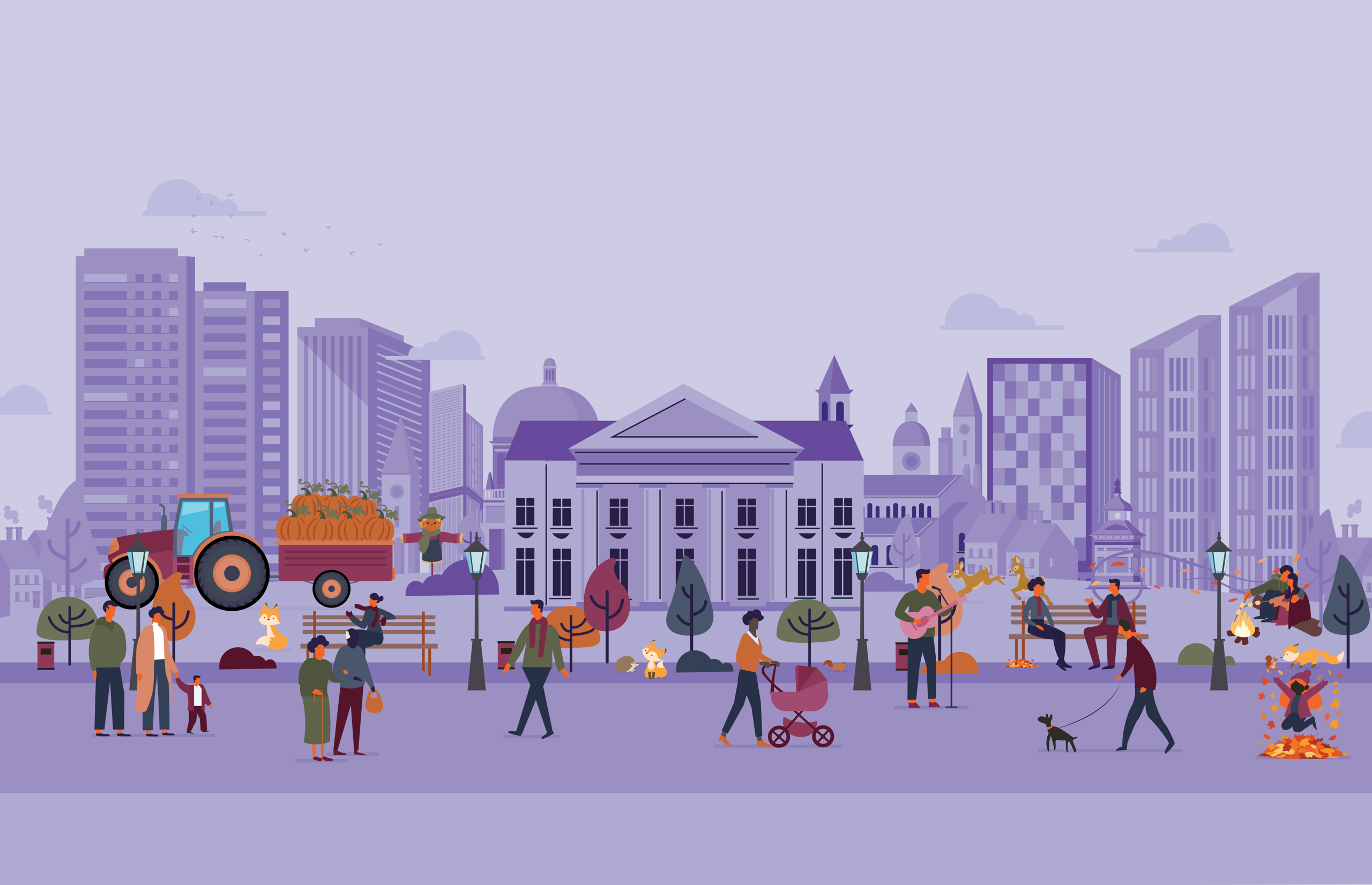 Vector illustration of people enjoying a crisp autumn day in a city park with a tractor and pumpkins.