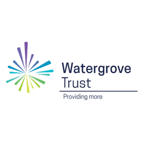 Logo for Watergrove Trust with a colorful radiating abstract icon and the text Providing more